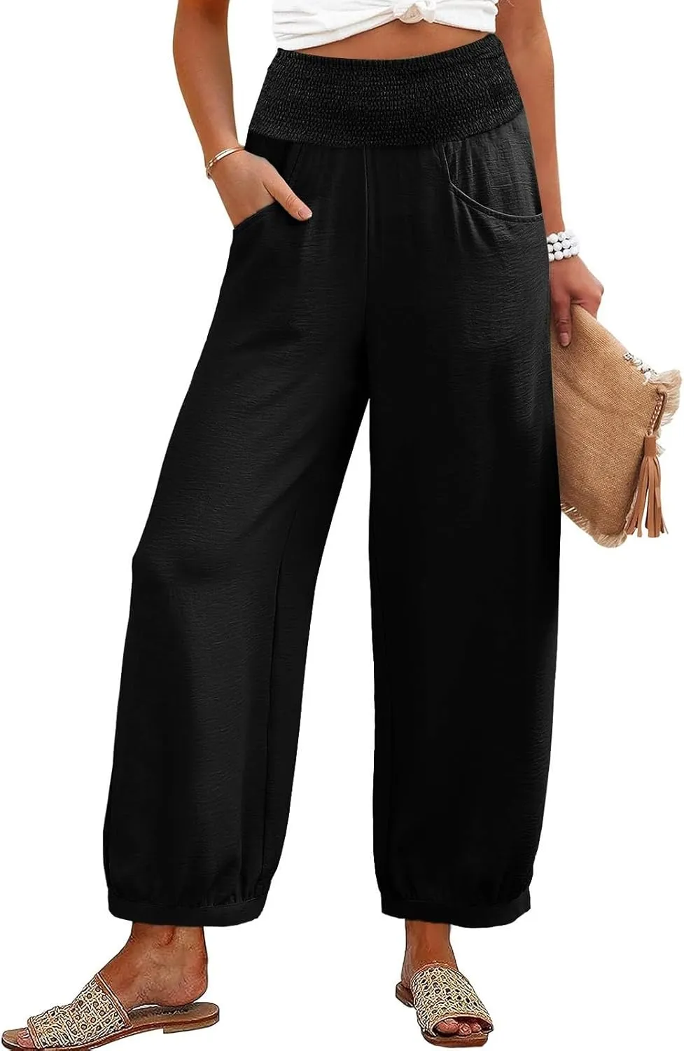 Dress Pants Women Plus Size Elastic Waist Summer Linen Pants Wide Leg Flowy Loose Fit Lightweight Beach Trousers