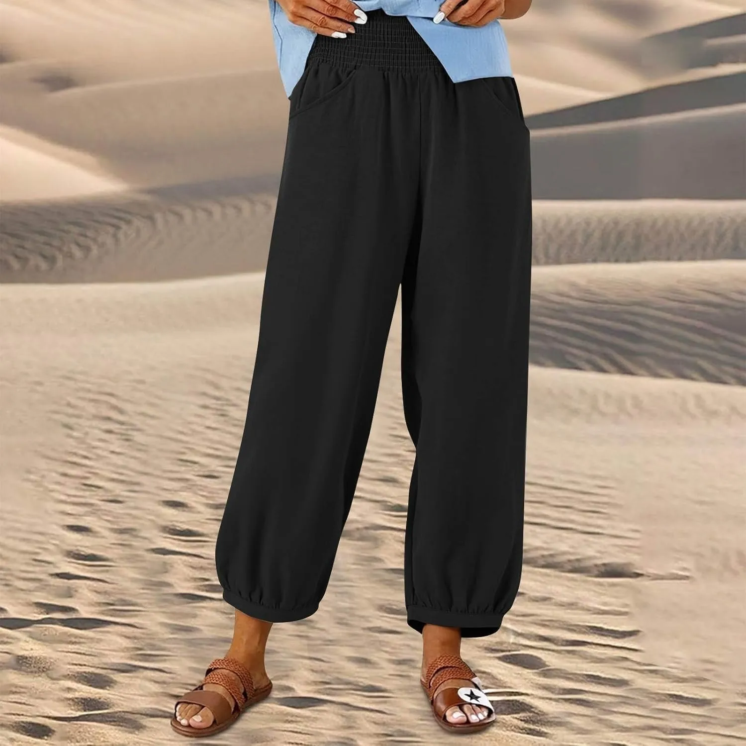 Dress Pants Women Plus Size Elastic Waist Summer Linen Pants Wide Leg Flowy Loose Fit Lightweight Beach Trousers