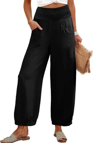Dress Pants Women Plus Size Elastic Waist Summer Linen Pants Wide Leg Flowy Loose Fit Lightweight Beach Trousers
