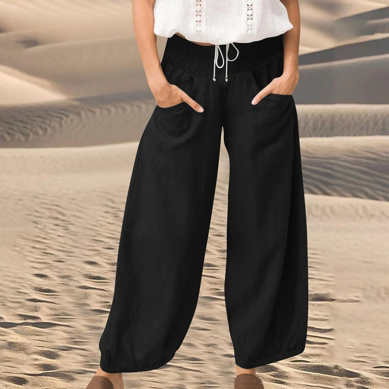 Dress Pants Women Plus Size Elastic Waist Summer Linen Pants Wide Leg Flowy Loose Fit Lightweight Beach Trousers