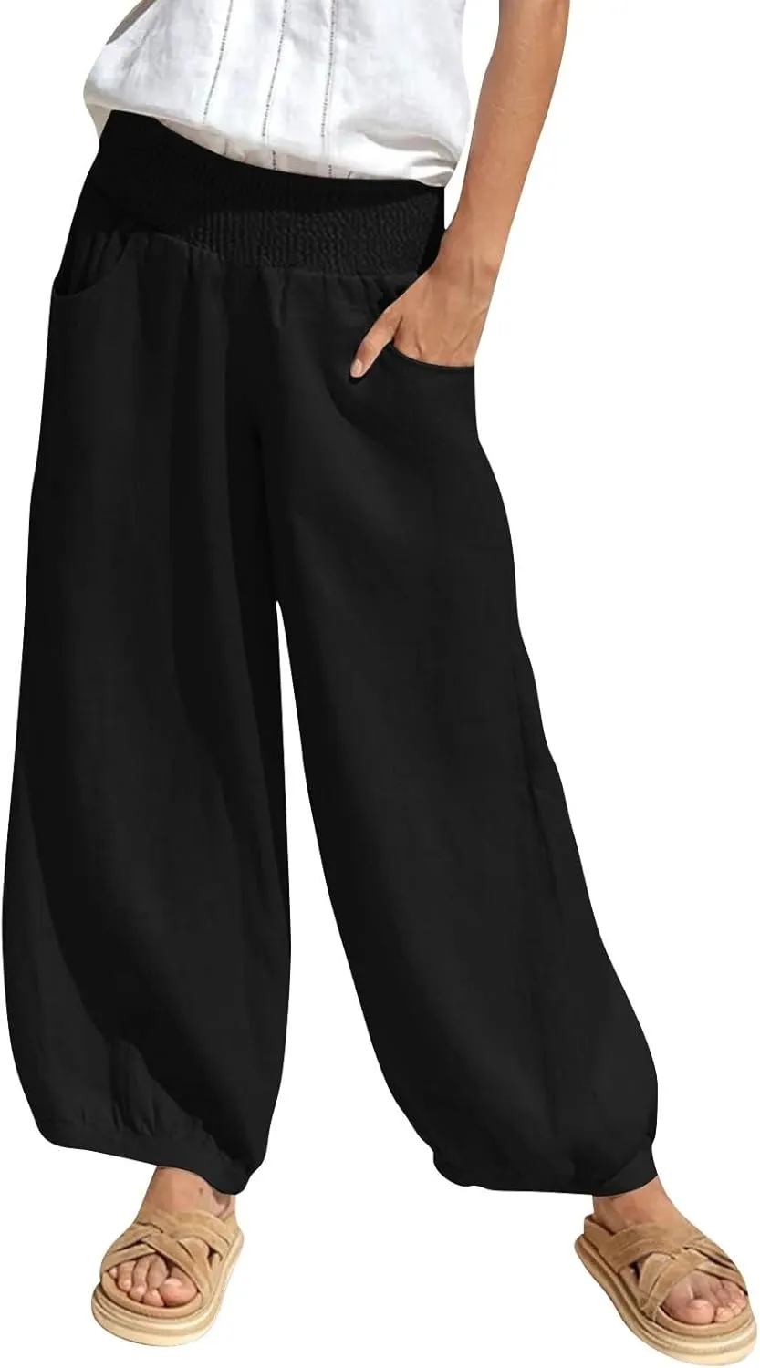 Dress Pants Women Plus Size Elastic Waist Summer Linen Pants Wide Leg Flowy Loose Fit Lightweight Beach Trousers