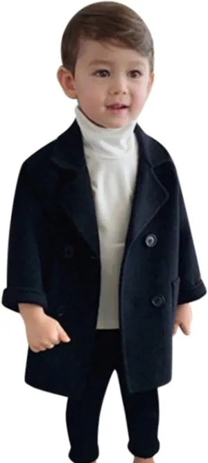 EnJoCho Toddler Baby Boys Winter Elegant Notched Collar Coat Double Breasted Trench Coat Warm Wool Pea Coat Jacket for Kids (Black-02#, 4-5 Years)