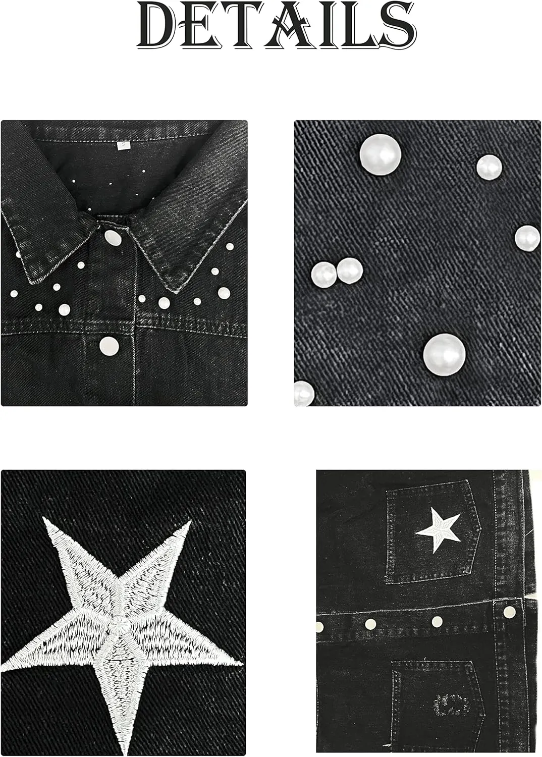 Esmeling Womens Cropped Pearls Beading Jean Jacket Ripped Star Embroidered Denim Jacket Coat
