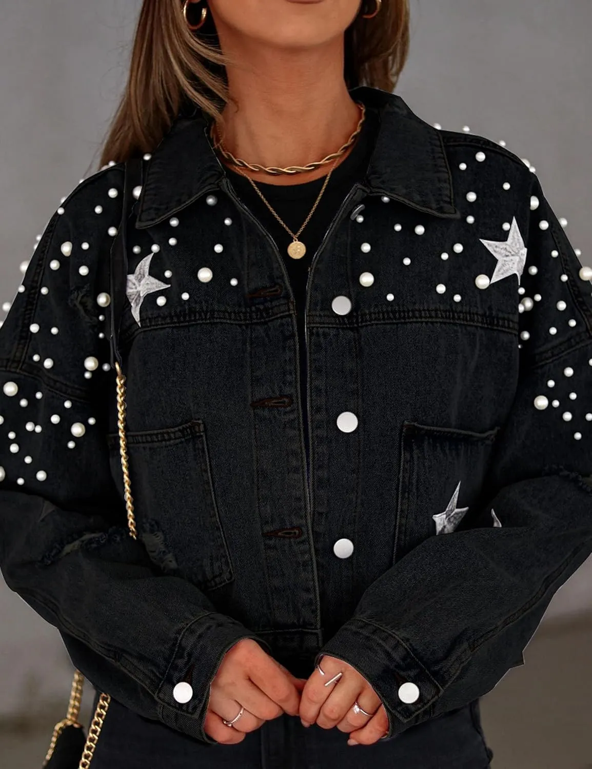 Esmeling Womens Cropped Pearls Beading Jean Jacket Ripped Star Embroidered Denim Jacket Coat
