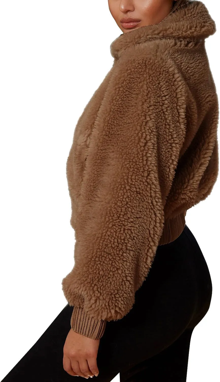 FANCYINN Womens Teddy Cropped Faux Fur Jacket Furry Lapel Coat Zip Up with Pockets Warm Winter
