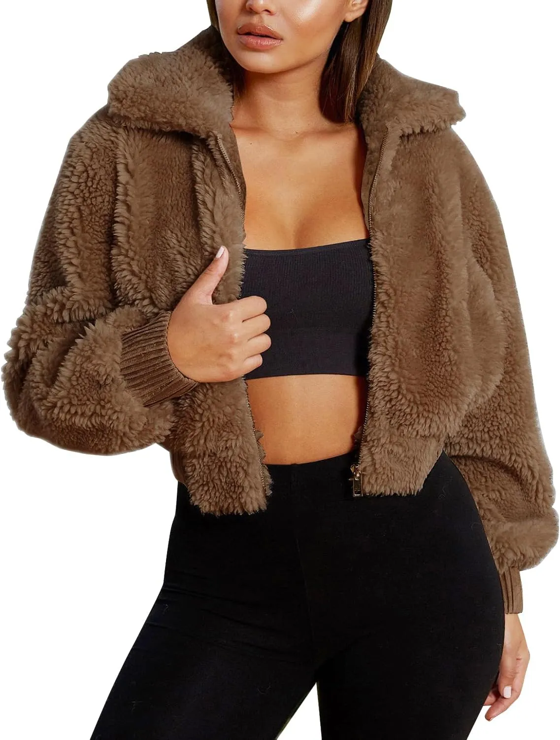 FANCYINN Womens Teddy Cropped Faux Fur Jacket Furry Lapel Coat Zip Up with Pockets Warm Winter