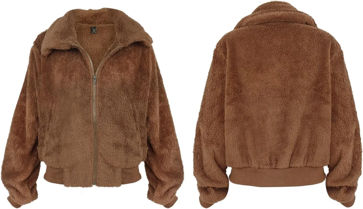 FANCYINN Womens Teddy Cropped Faux Fur Jacket Furry Lapel Coat Zip Up with Pockets Warm Winter