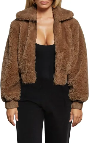 FANCYINN Womens Teddy Cropped Faux Fur Jacket Furry Lapel Coat Zip Up with Pockets Warm Winter