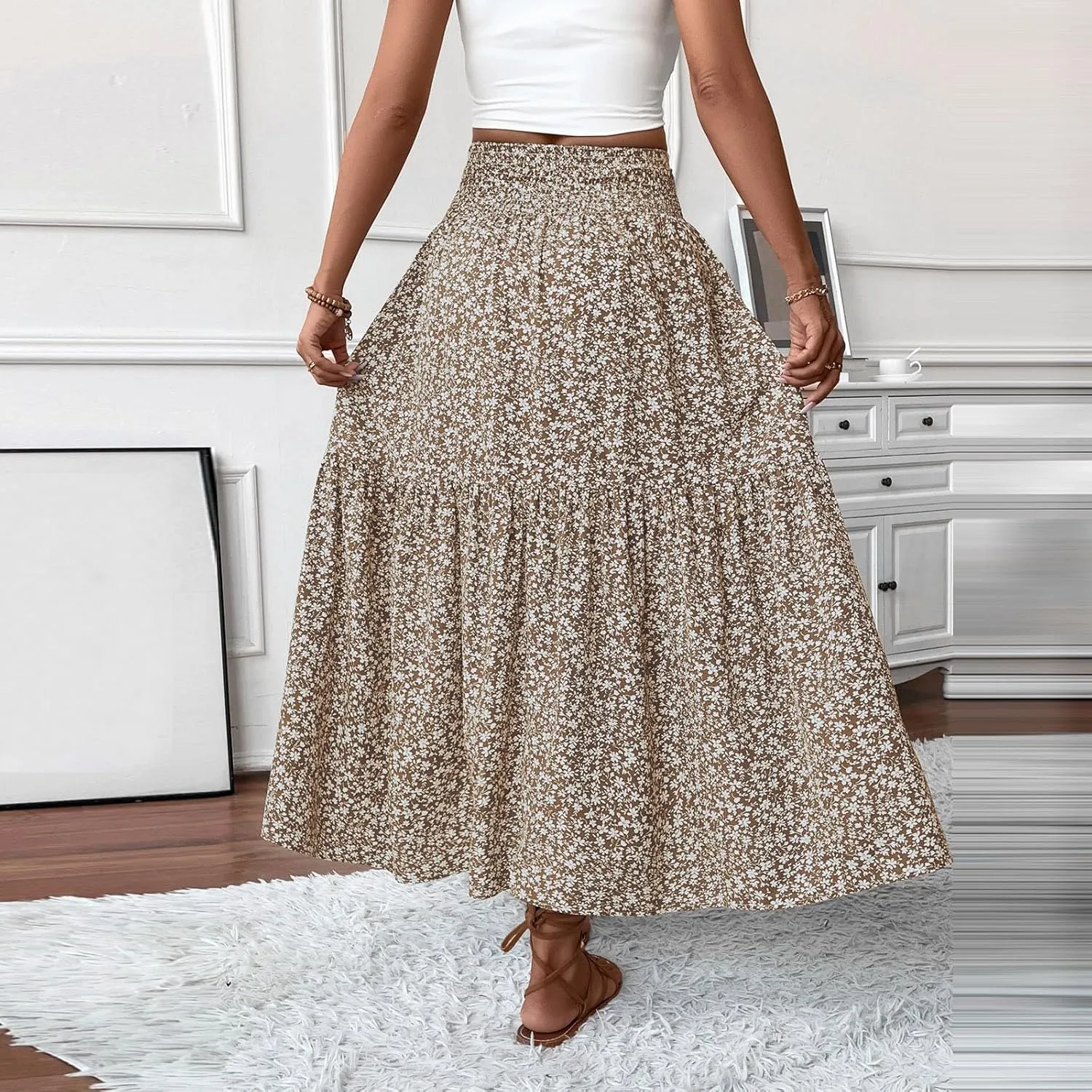 fanmpghleoo Long Skirts for Women Boho Beach Vacation Tiered Maxi Skirt Summer Bohemian High Waisted Skirts A Line Midi Skirt