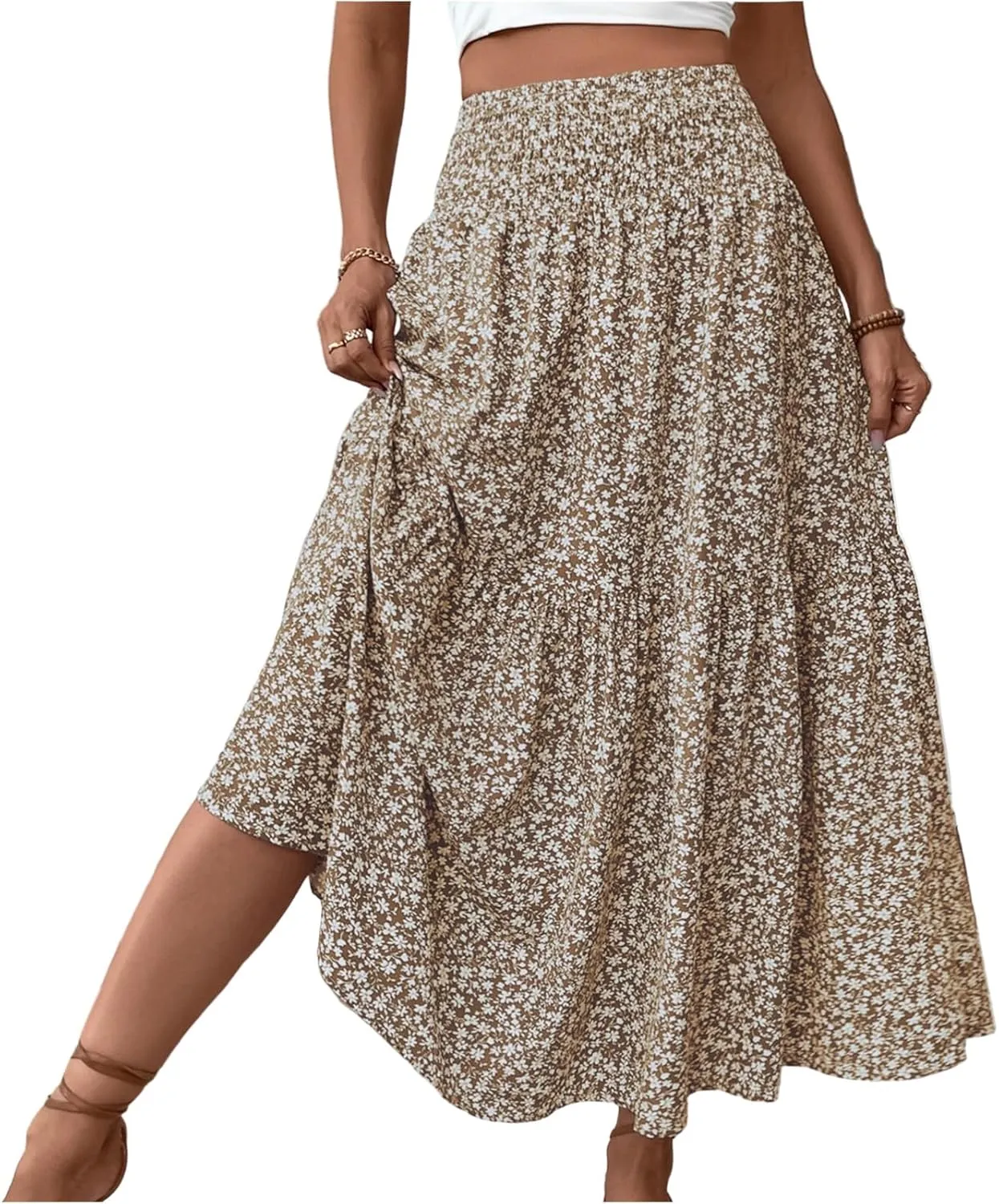 fanmpghleoo Long Skirts for Women Boho Beach Vacation Tiered Maxi Skirt Summer Bohemian High Waisted Skirts A Line Midi Skirt