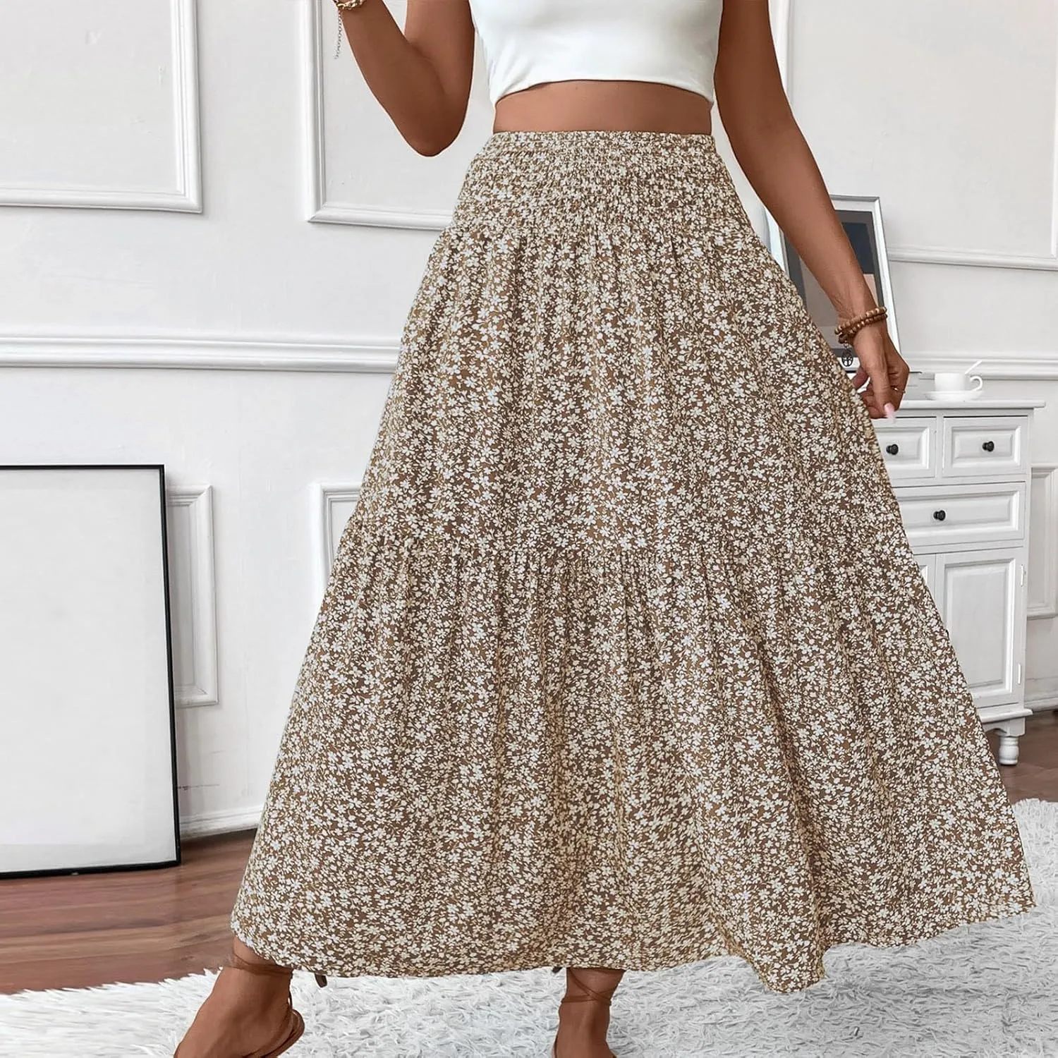 fanmpghleoo Long Skirts for Women Boho Beach Vacation Tiered Maxi Skirt Summer Bohemian High Waisted Skirts A Line Midi Skirt
