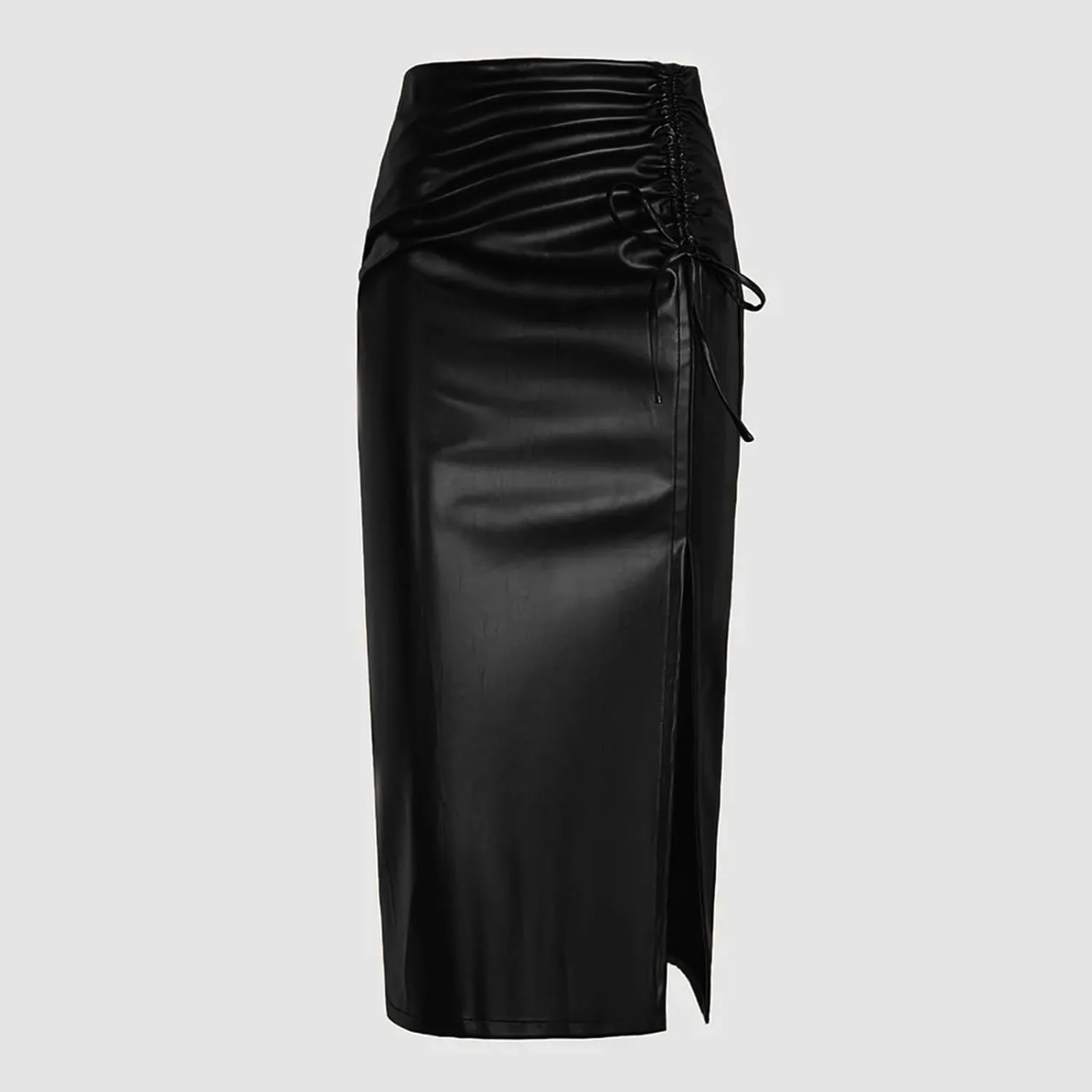 Faux Leather Pencil Skirt High Waist Split Lady's Half Body Midi Hip Skirt Wear to Work Ruched Wrap Skirts for Women