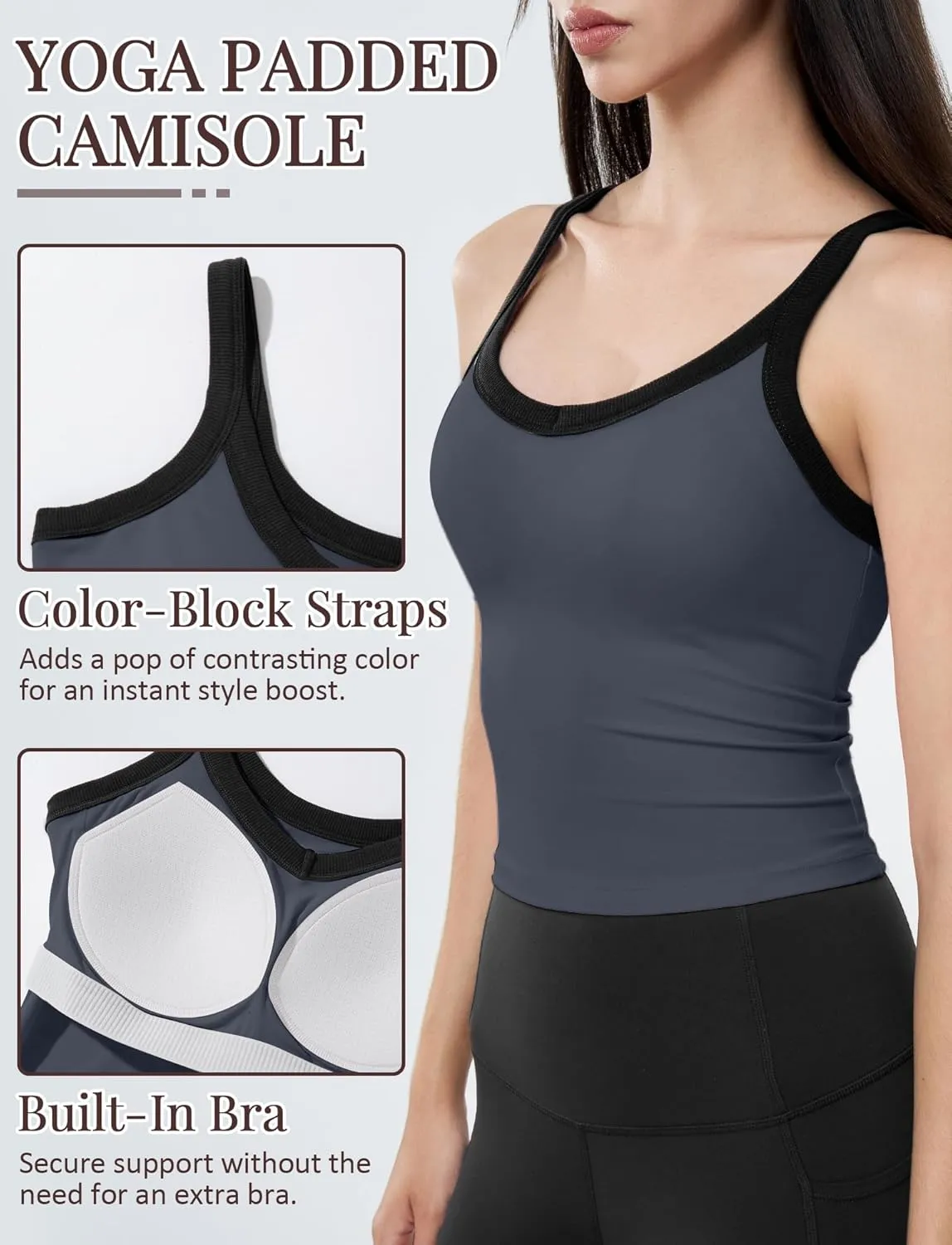 FEOYA Womens Workout Tank Top Scoop Neck Sports Bra Yoga Cami Top with Built-in Bra Fitness Padded Camisole
