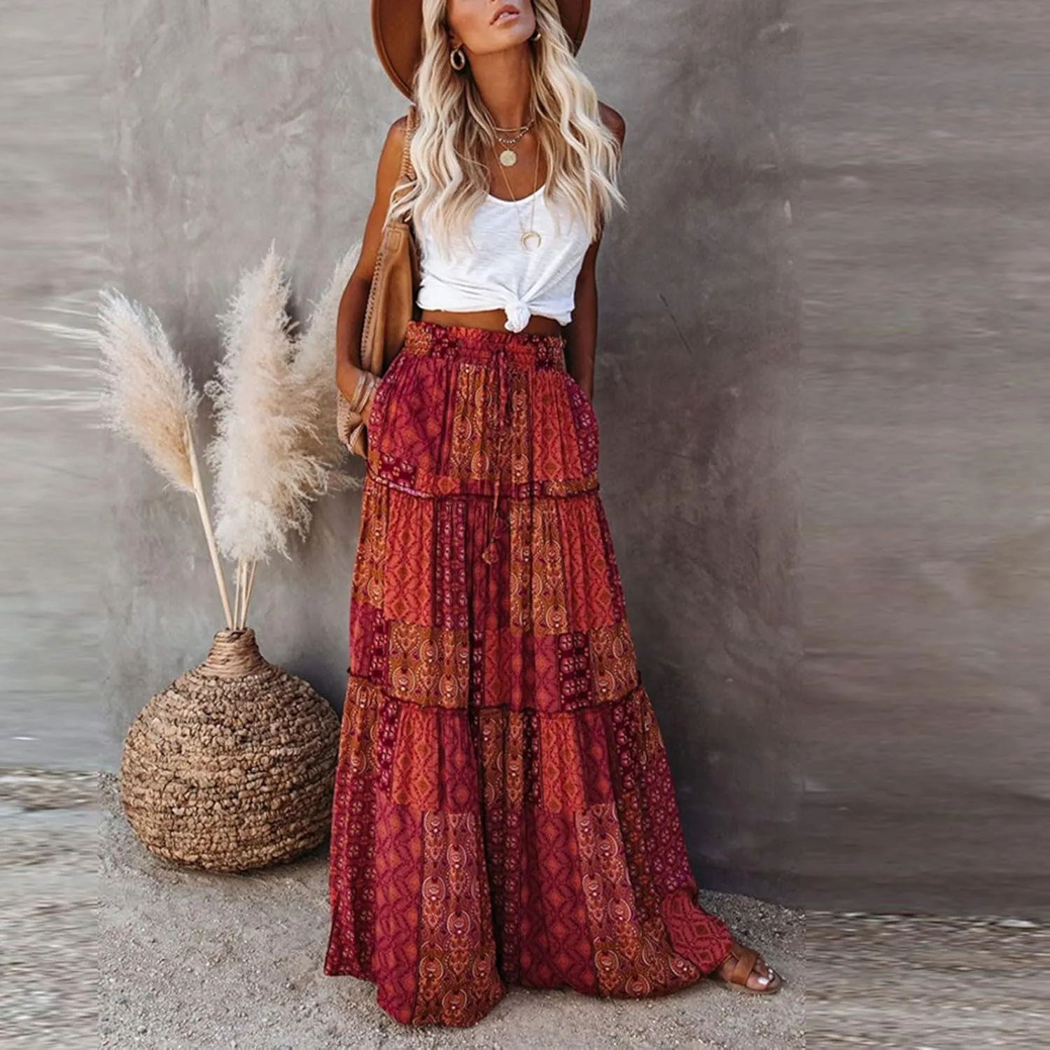 FlekmanArt Skirts for Women Boho Flowy Swing Tiered A-Line Midi Skirt 2025 Trendy Elastic Waist Pleated Long Beach Dress