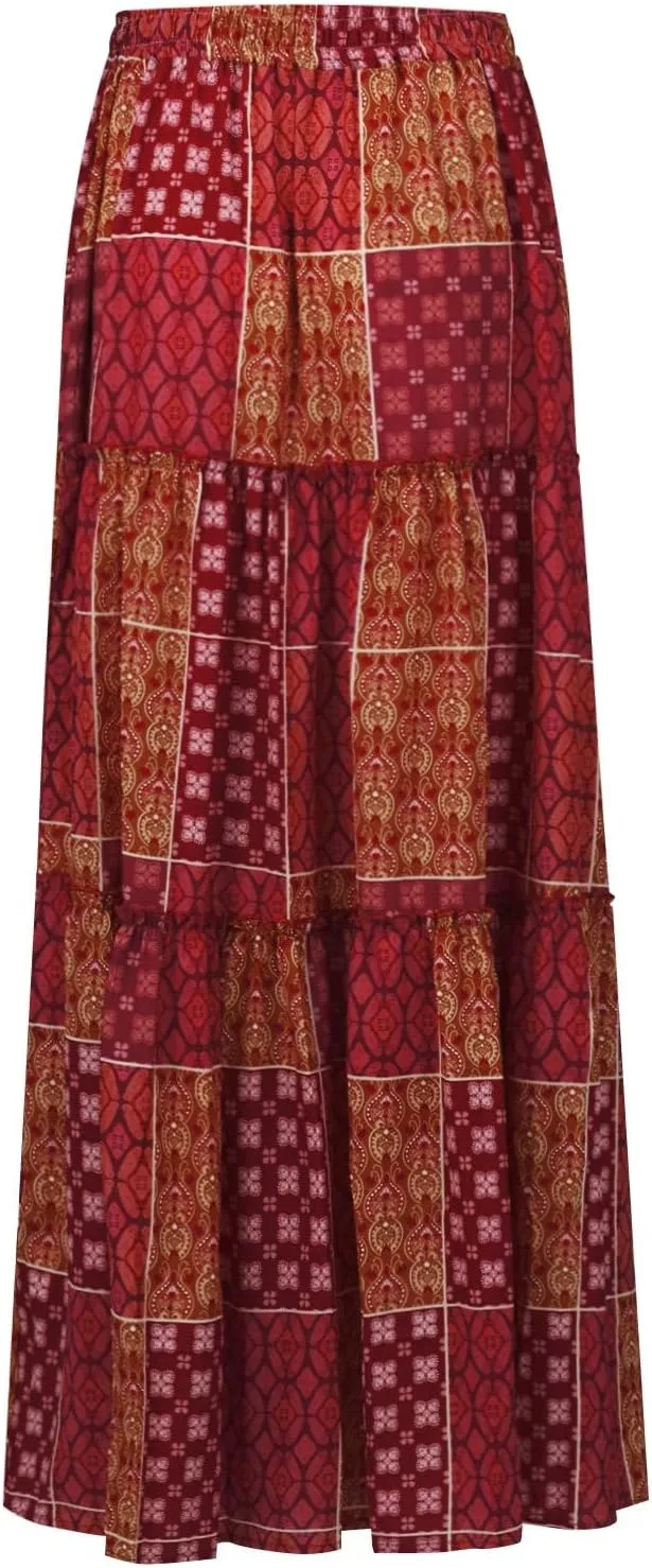 FlekmanArt Skirts for Women Boho Flowy Swing Tiered A-Line Midi Skirt 2025 Trendy Elastic Waist Pleated Long Beach Dress