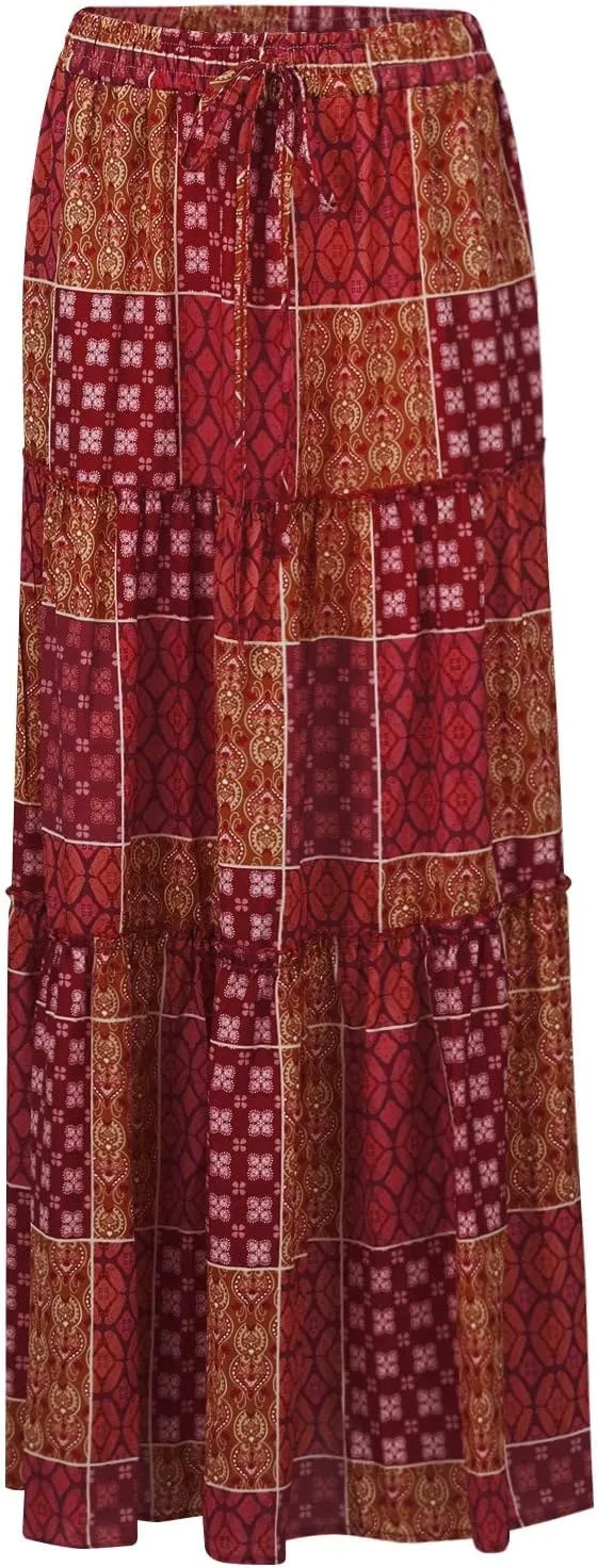 FlekmanArt Skirts for Women Boho Flowy Swing Tiered A-Line Midi Skirt 2025 Trendy Elastic Waist Pleated Long Beach Dress