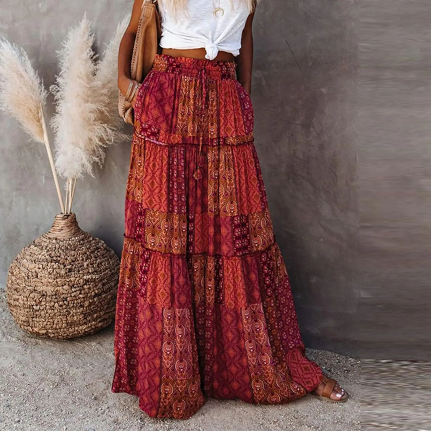 FlekmanArt Skirts for Women Boho Flowy Swing Tiered A-Line Midi Skirt 2025 Trendy Elastic Waist Pleated Long Beach Dress