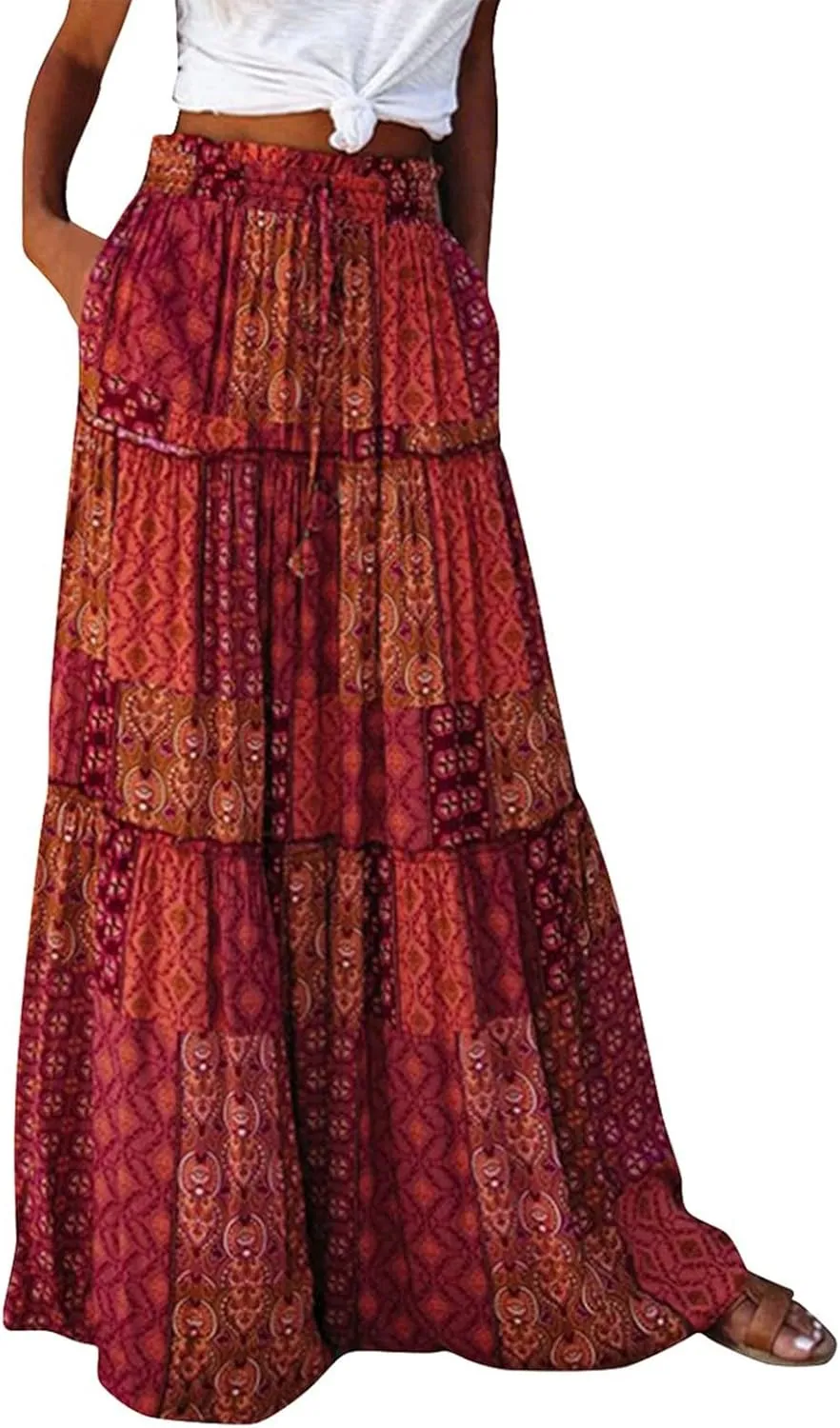 FlekmanArt Skirts for Women Boho Flowy Swing Tiered A-Line Midi Skirt 2025 Trendy Elastic Waist Pleated Long Beach Dress