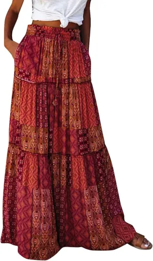 FlekmanArt Skirts for Women Boho Flowy Swing Tiered A-Line Midi Skirt 2025 Trendy Elastic Waist Pleated Long Beach Dress