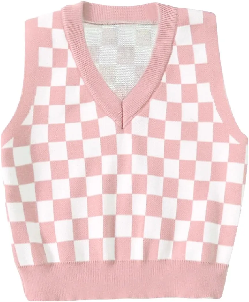 Floerns Girls Checker Print V Neck Sleeveless Sweater Vest Tank Top