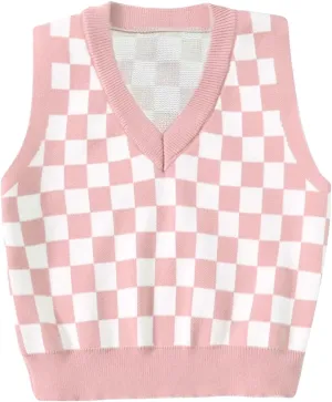 Floerns Girls Checker Print V Neck Sleeveless Sweater Vest Tank Top