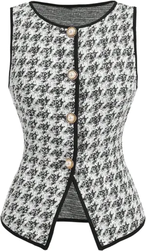 Floerns Women's Houndstooth Sleeveless Tank Top Contrast Binding Button Knit Vest
