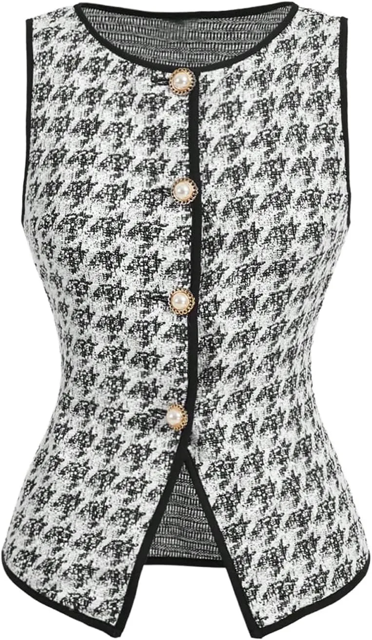 Floerns Women's Houndstooth Sleeveless Tank Top Contrast Binding Button Knit Vest
