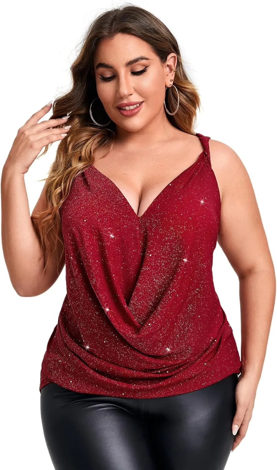 Floerns Women's Plus Size Glitter Draped Neck Sleeveless Backless Cami Top