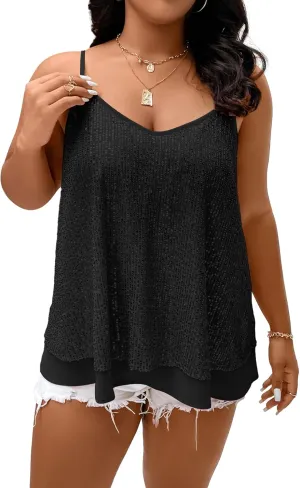 Floerns Women's Plus Size Glitter Draped Neck Sleeveless Backless Cami Top