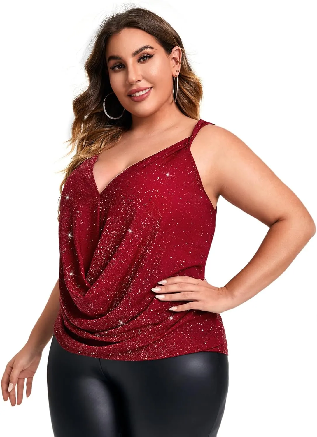 Floerns Women's Plus Size Glitter Draped Neck Sleeveless Backless Cami Top