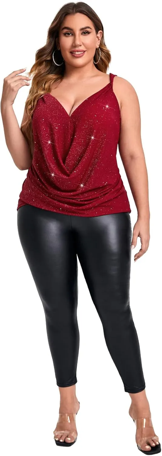 Floerns Women's Plus Size Glitter Draped Neck Sleeveless Backless Cami Top