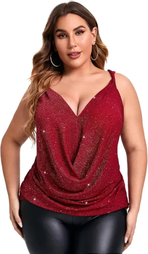Floerns Women's Plus Size Glitter Draped Neck Sleeveless Backless Cami Top