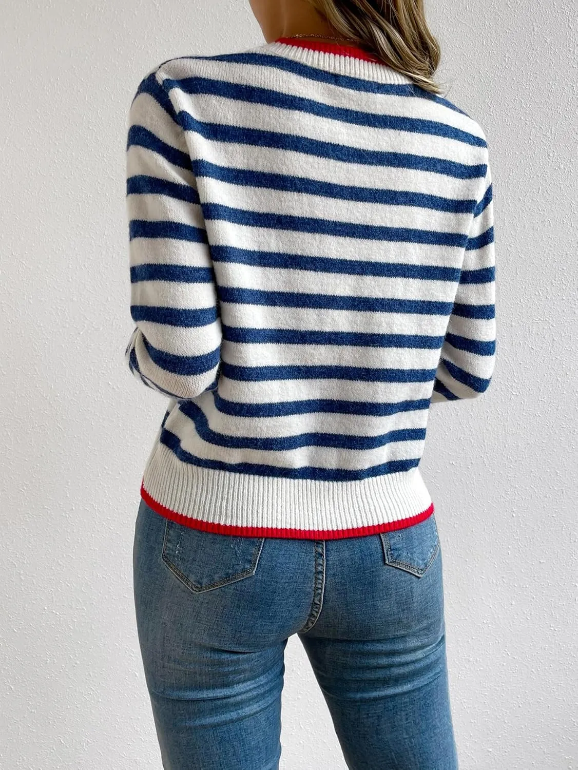 Floerns Women's Striped Print Long Sleeve Contrast Trim Casual Sweater Top
