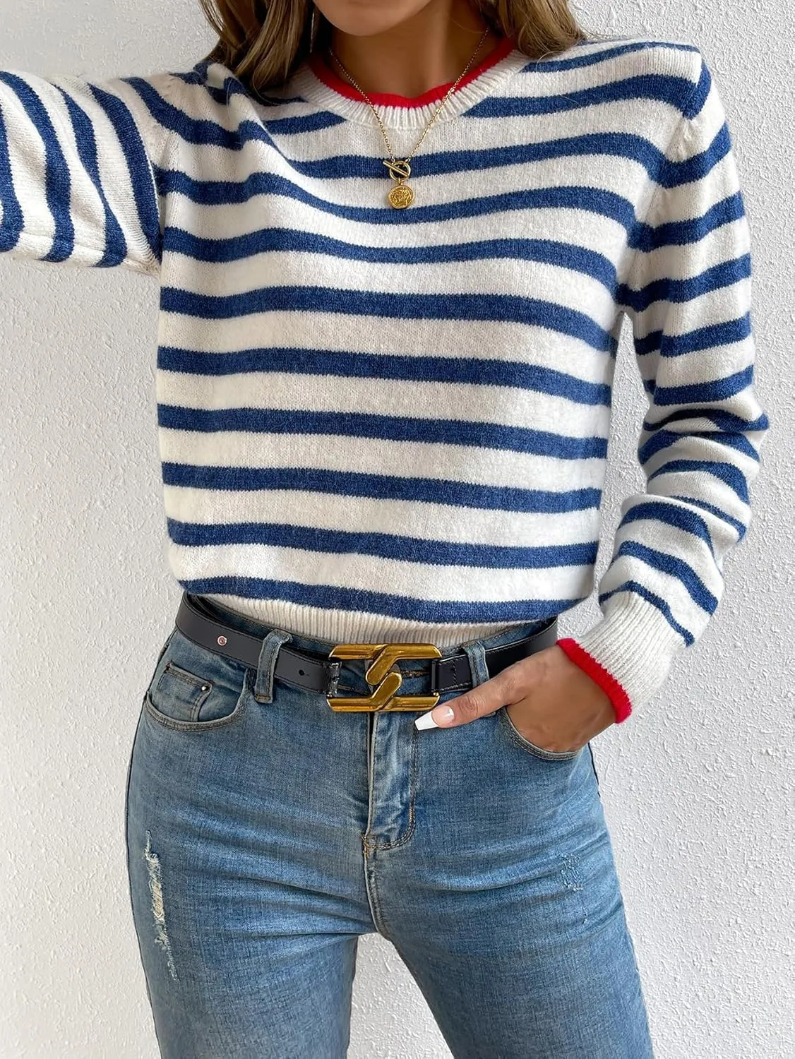 Floerns Women's Striped Print Long Sleeve Contrast Trim Casual Sweater Top