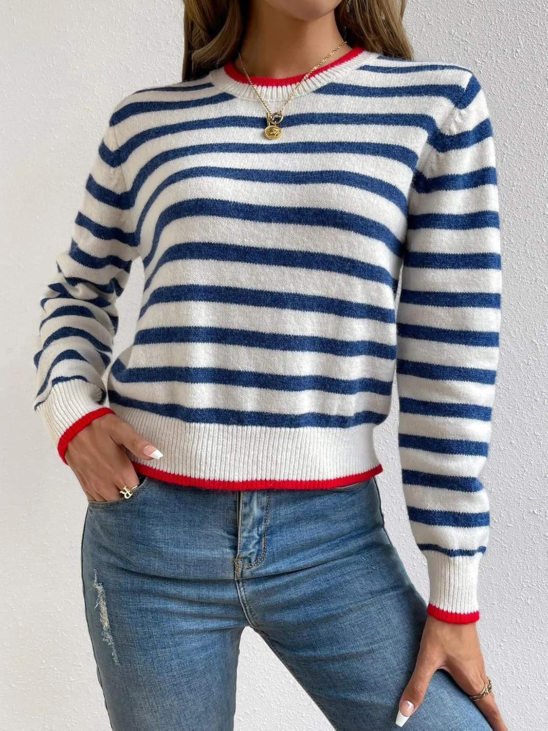 Floerns Women's Striped Print Long Sleeve Contrast Trim Casual Sweater Top