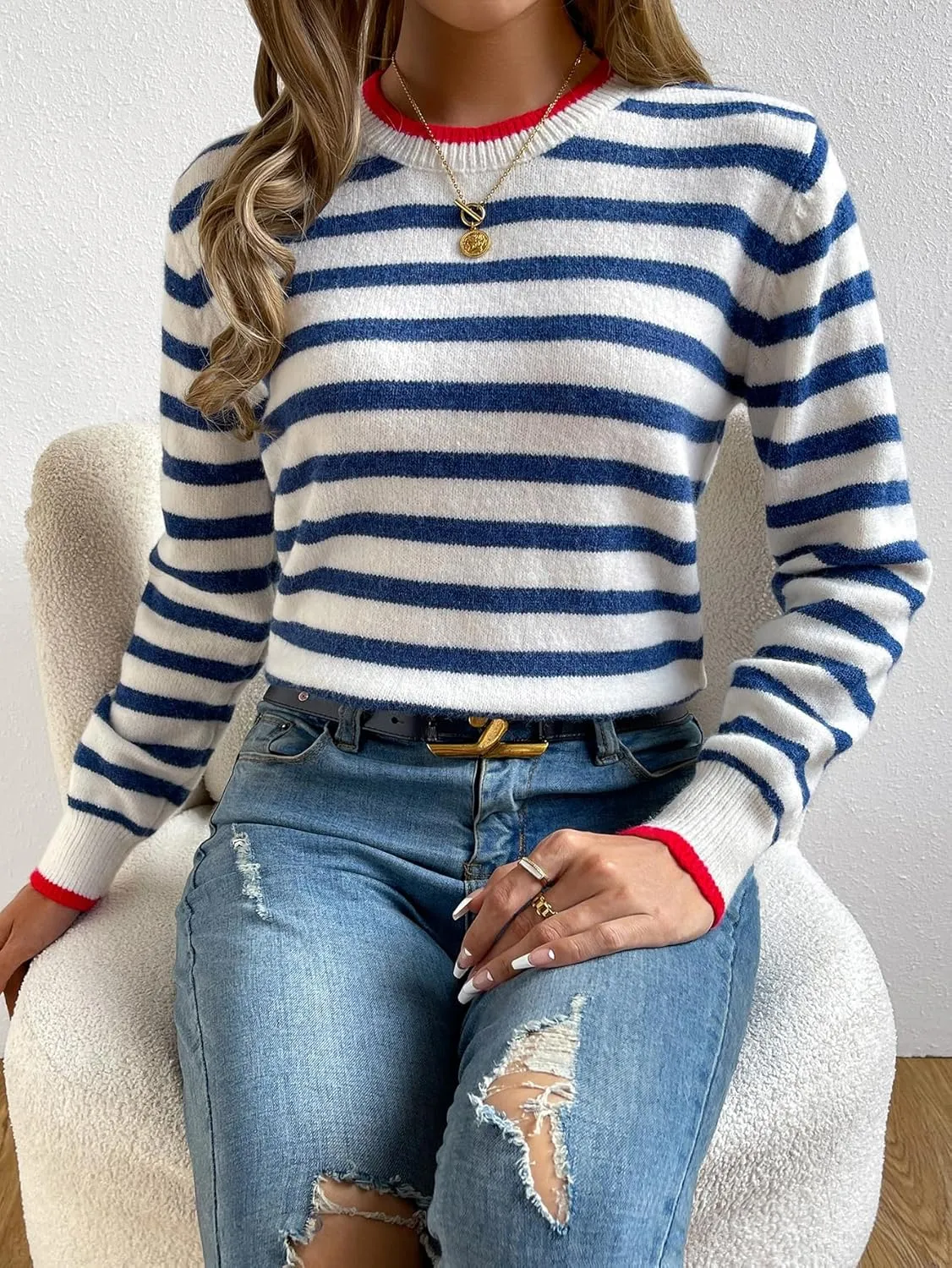 Floerns Women's Striped Print Long Sleeve Contrast Trim Casual Sweater Top