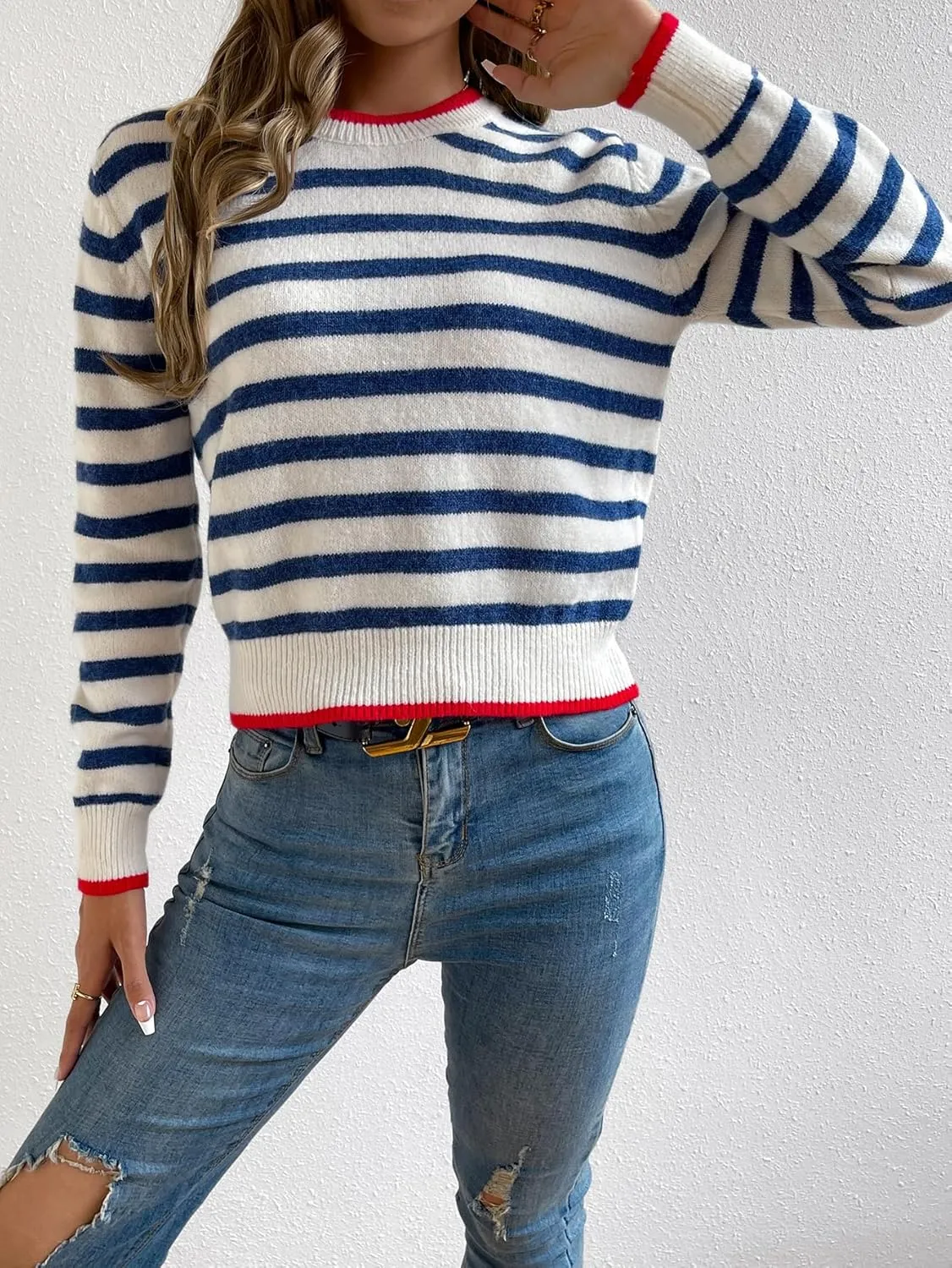 Floerns Women's Striped Print Long Sleeve Contrast Trim Casual Sweater Top