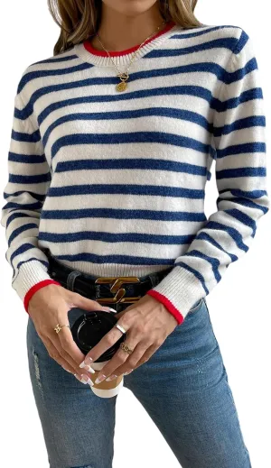 Floerns Women's Striped Print Long Sleeve Contrast Trim Casual Sweater Top