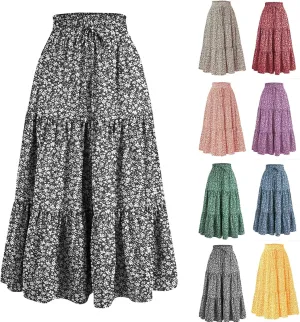 Floral Maxi Skirt for Women Summer Casual Tiered Elastic High Waisted Skirts Comfy Vacation Flowy Swing Long Skirts