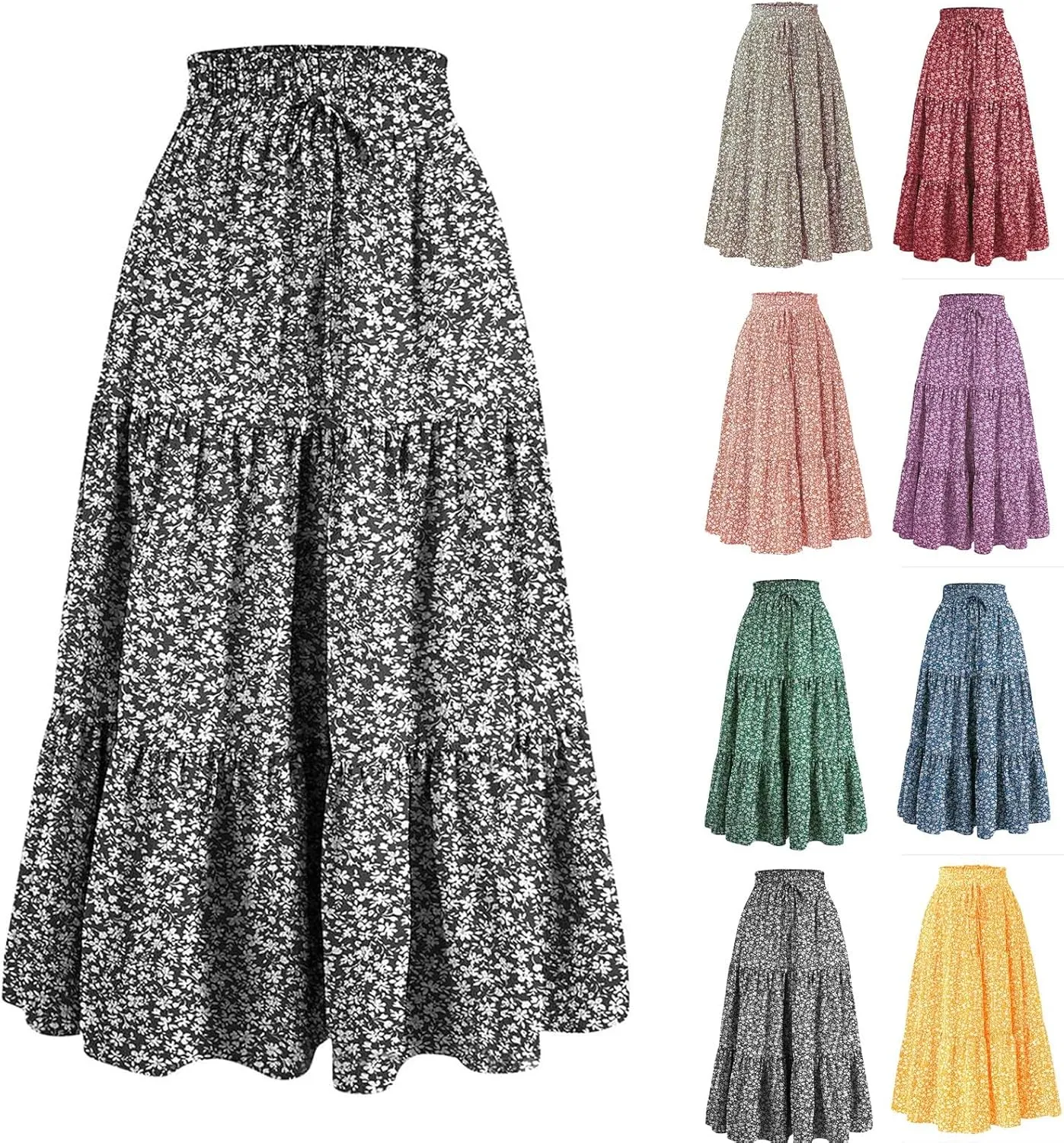 Floral Maxi Skirt for Women Summer Casual Tiered Elastic High Waisted Skirts Comfy Vacation Flowy Swing Long Skirts