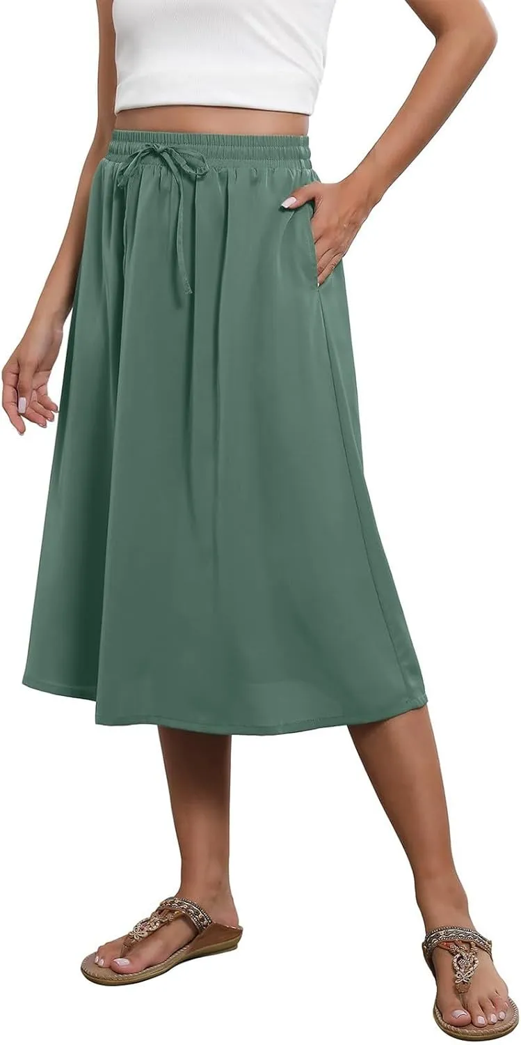 Floral Midi Skirt for Women Casual Drawstring Waist A-Line Skirts with Pockets Flowy Vintage Pleated Midi Skirts