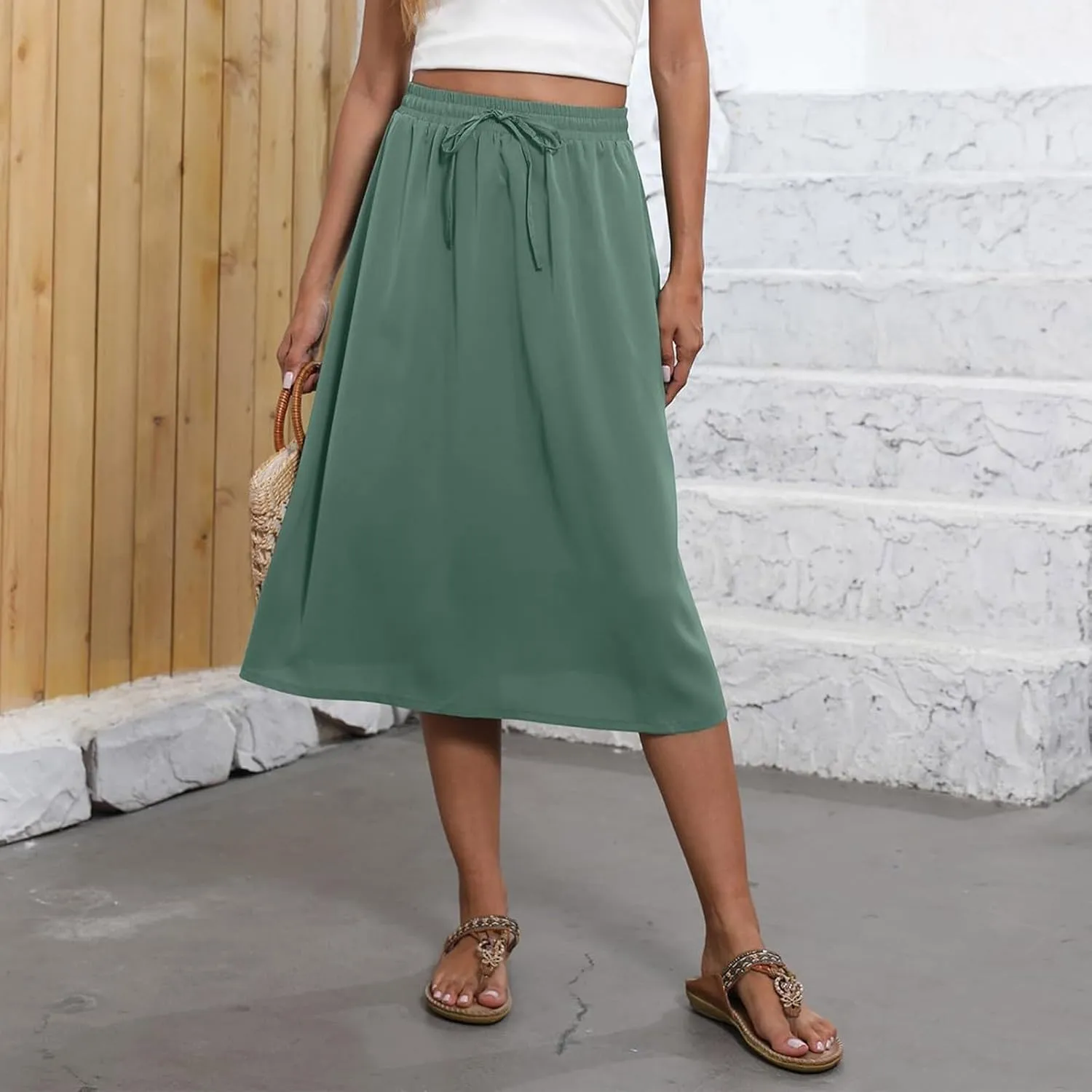 Floral Midi Skirt for Women Casual Drawstring Waist A-Line Skirts with Pockets Flowy Vintage Pleated Midi Skirts