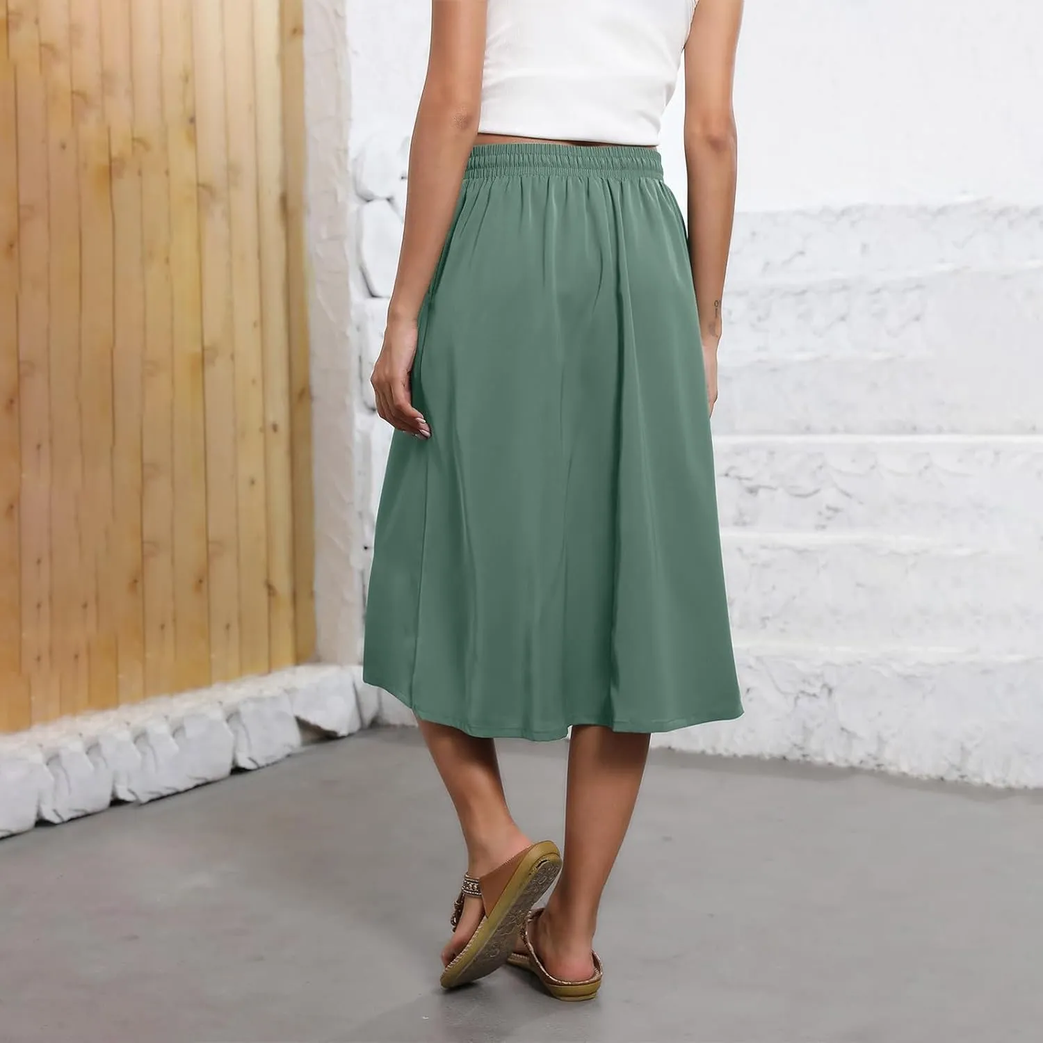 Floral Midi Skirt for Women Casual Drawstring Waist A-Line Skirts with Pockets Flowy Vintage Pleated Midi Skirts