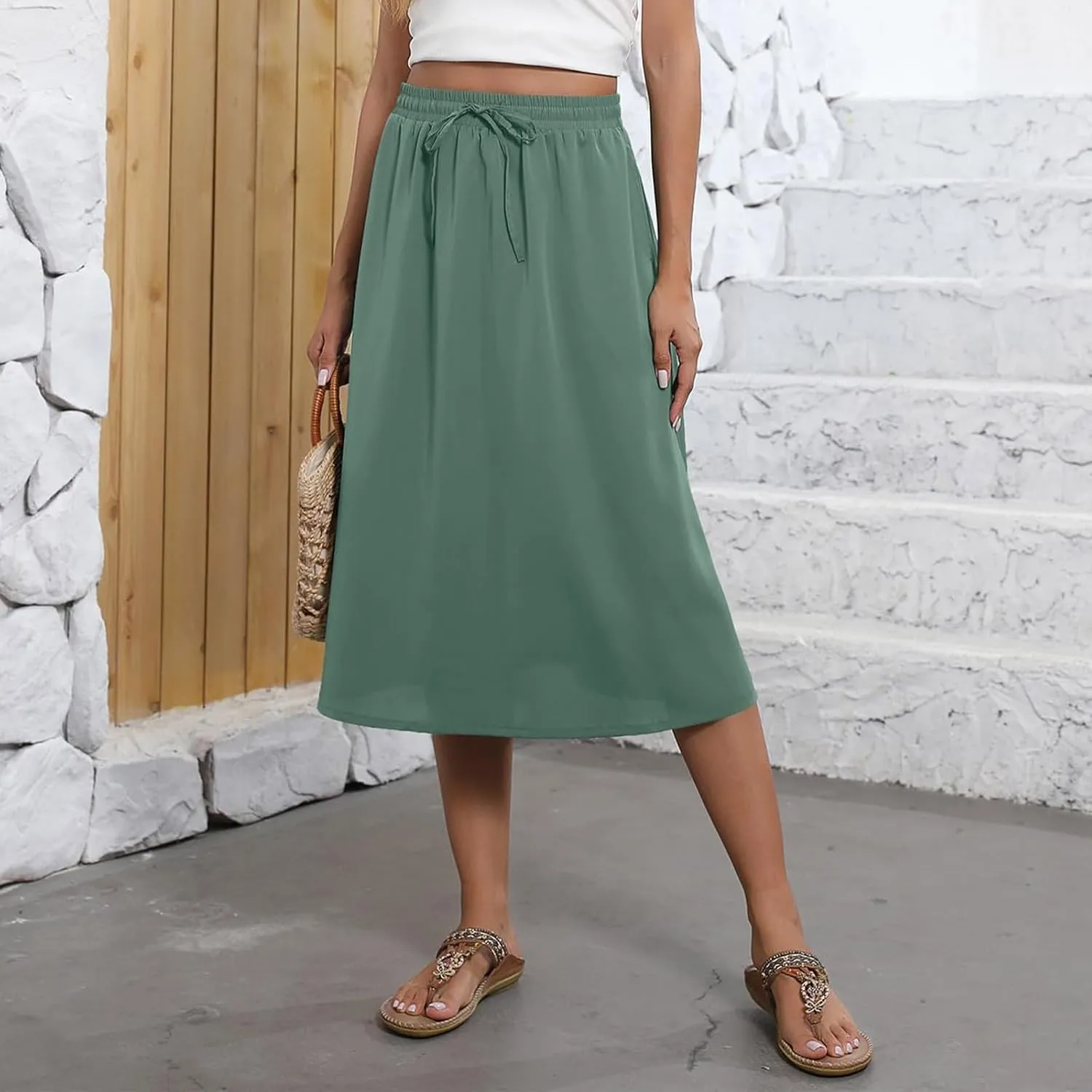Floral Midi Skirt for Women Casual Drawstring Waist A-Line Skirts with Pockets Flowy Vintage Pleated Midi Skirts