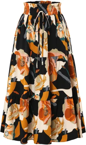 Floral Pleated Skirts for Women Midi Length Summer Casual Boho Renaissance Flowy Plus Size Tiered A Line Skirt