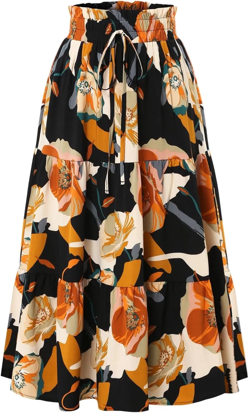Floral Pleated Skirts for Women Midi Length Summer Casual Boho Renaissance Flowy Plus Size Tiered A Line Skirt
