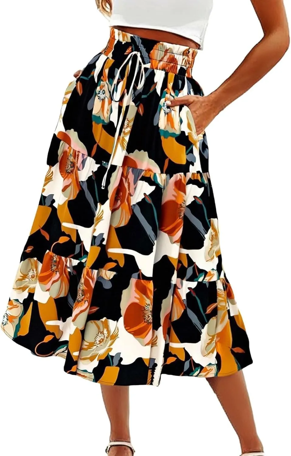 Floral Pleated Skirts for Women Midi Length Summer Casual Boho Renaissance Flowy Plus Size Tiered A Line Skirt