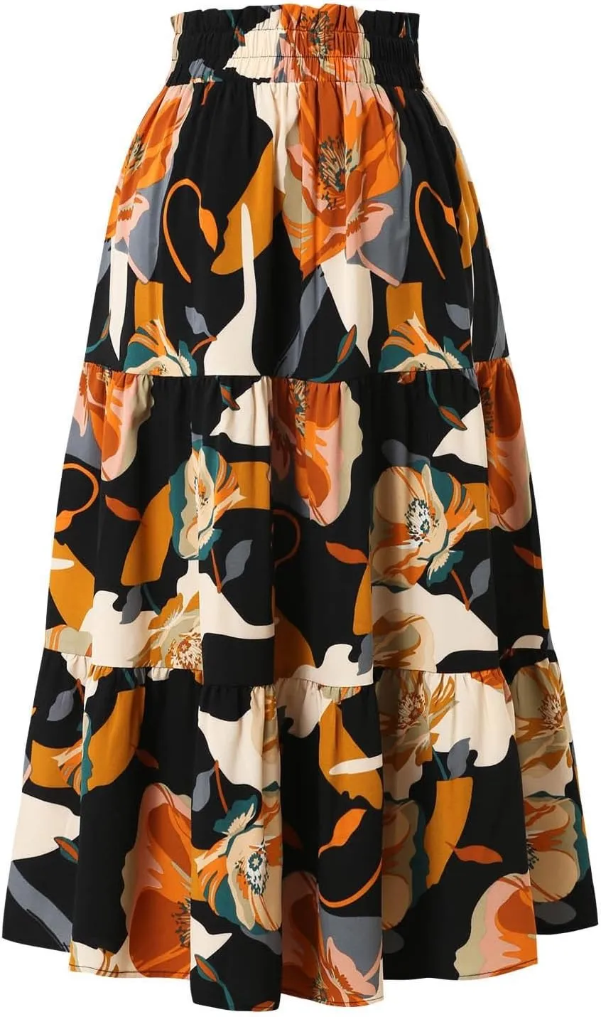 Floral Pleated Skirts for Women Midi Length Summer Casual Boho Renaissance Flowy Plus Size Tiered A Line Skirt