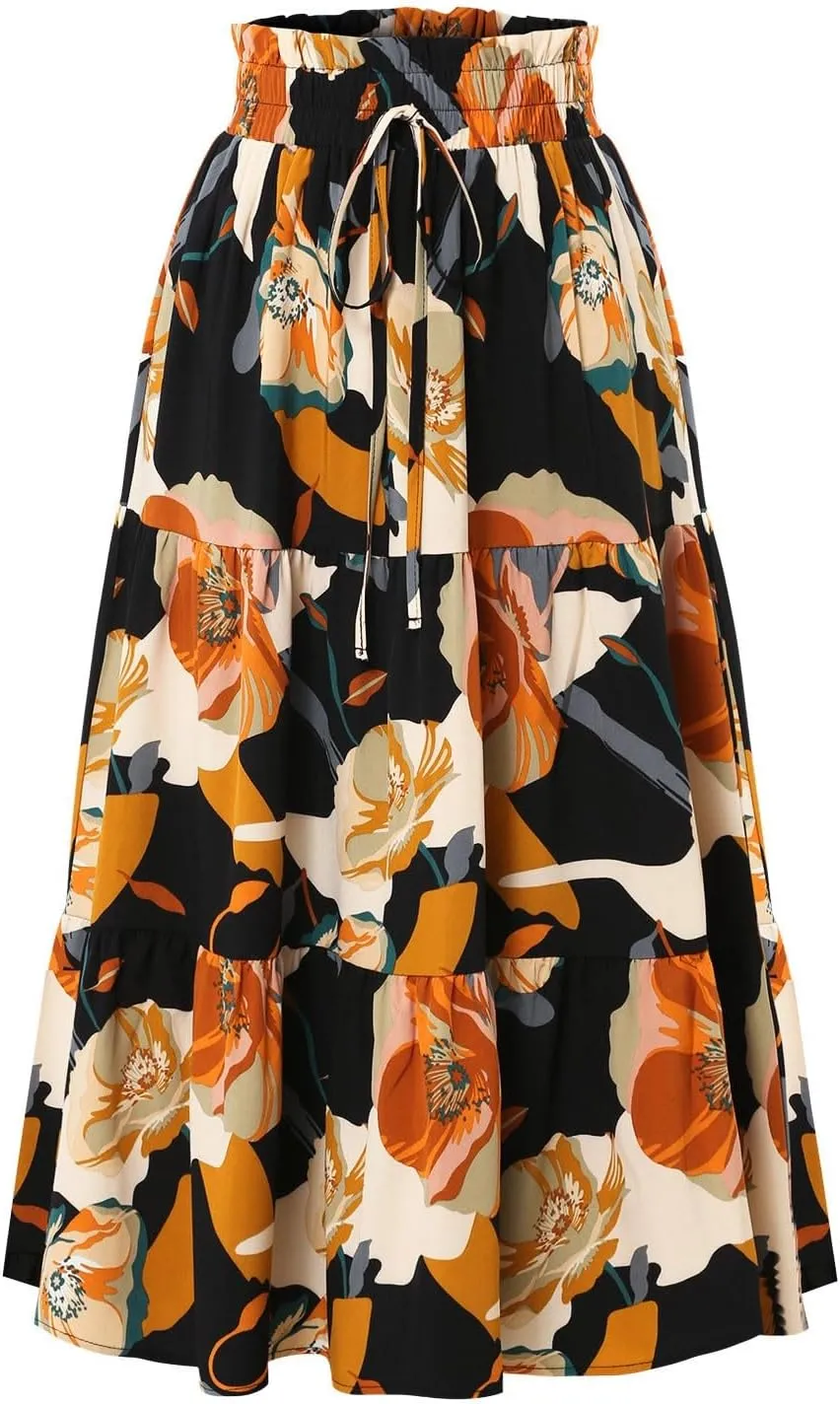 Floral Pleated Skirts for Women Midi Length Summer Casual Boho Renaissance Flowy Plus Size Tiered A Line Skirt