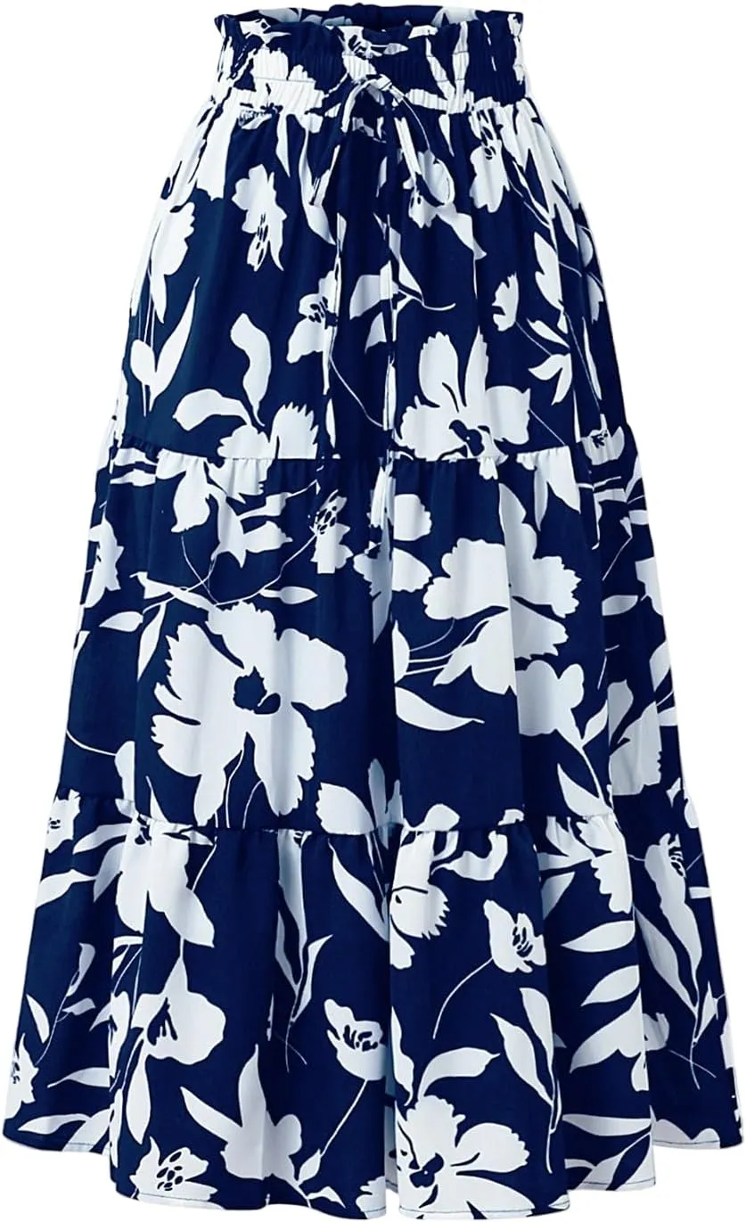 Floral Skirt for Women 2025 Ruffle Summer Maxi Skirts High Waisted Elastic Flowy Pleated Dresses Holiday Clothing
